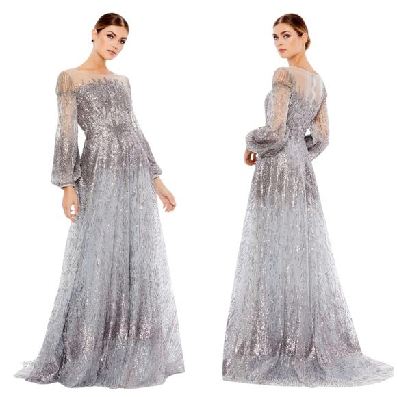 Mac Duggal Silver Jewel Encrusted Illusion Long Sleeve A Line Gown Size 18 *FLAW - Picture 2 of 12